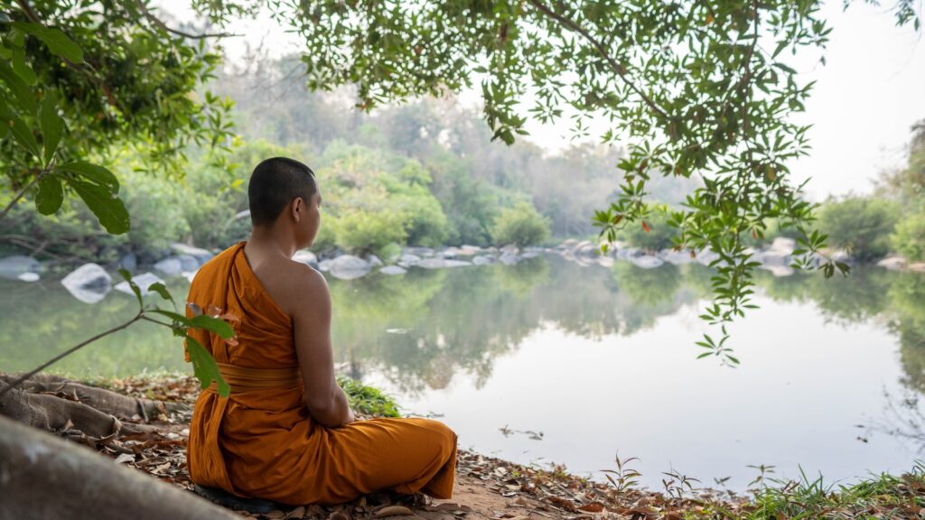 a man sitting on a rock by a river